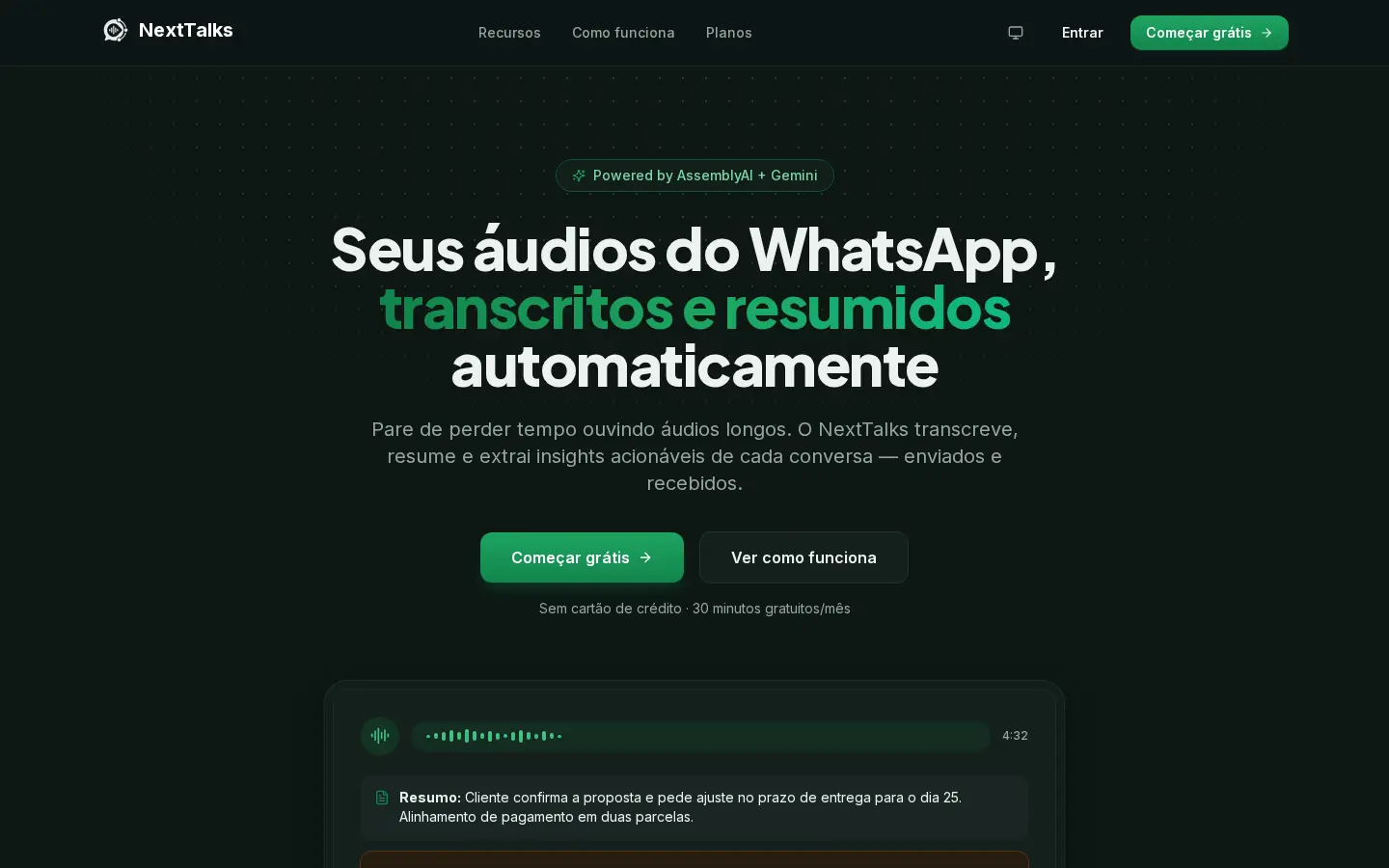 Home do NextTalks — Seus áudios do WhatsApp, transcritos e resumidos automaticamente